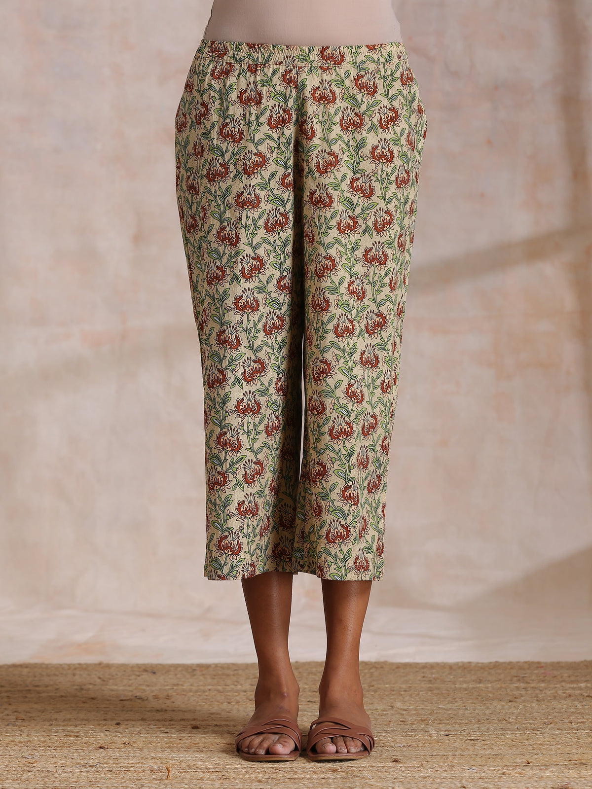 trueBrowns Beige Overall Brown Floral Block Print Cotton High-Low Co-Ord Set | Grocsy