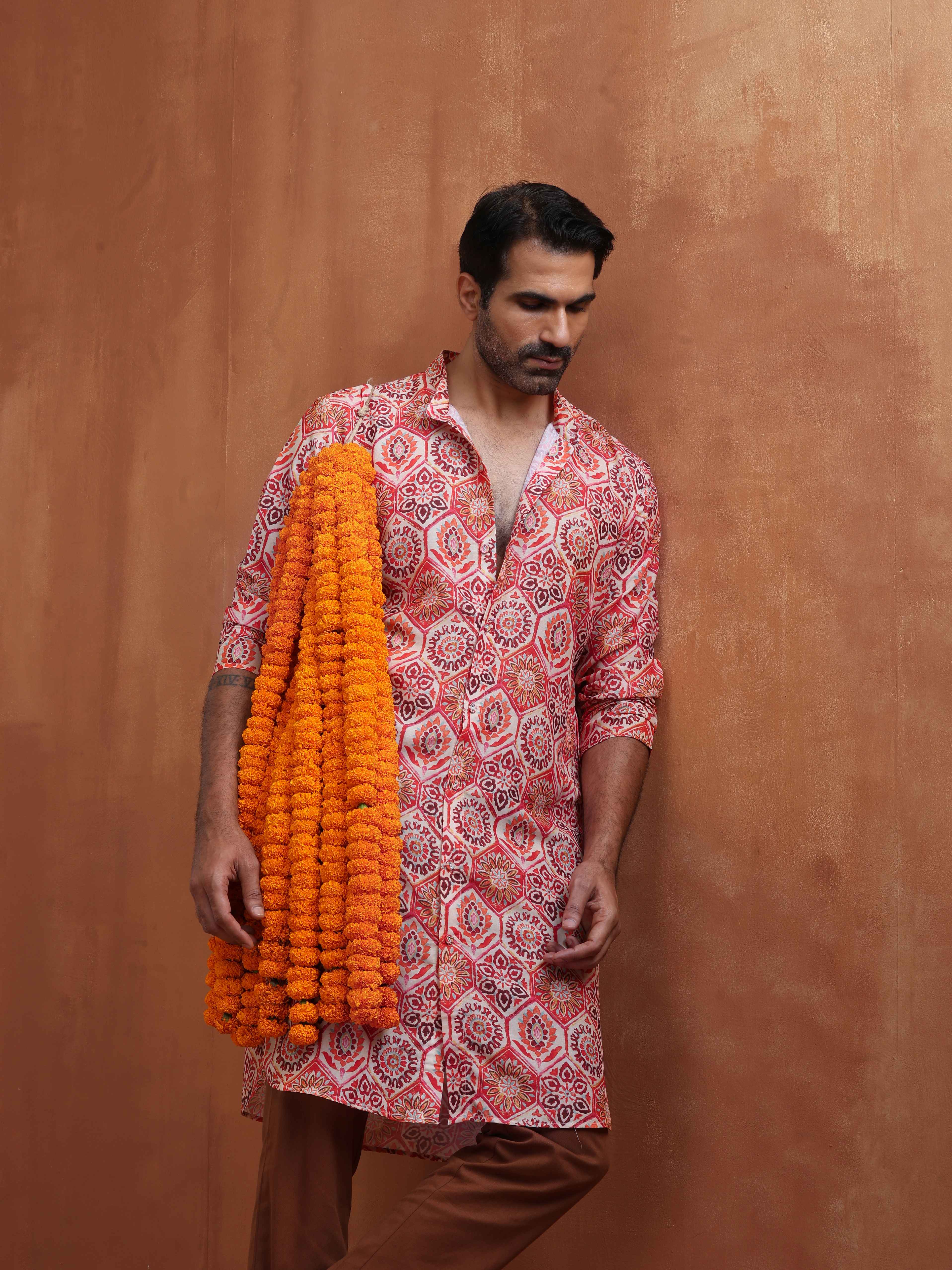 trueBrowns Men's Beige Printed Front Open Kurta | Grocsy