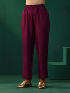 trueBrowns Maroon Floral Viscose Silk V-Neck Waist Gathered Kurta Pant Set | Grocsy