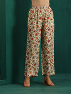 trueBrowns Off white Floral Bunch Muslin Silk Printed Kaftan Gathered Co-ord Set | Grocsy