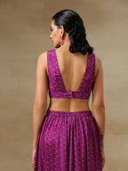 trueBrowns Purple Bandhani Printed Silk Top Skirt Jacket Set | Grocsy