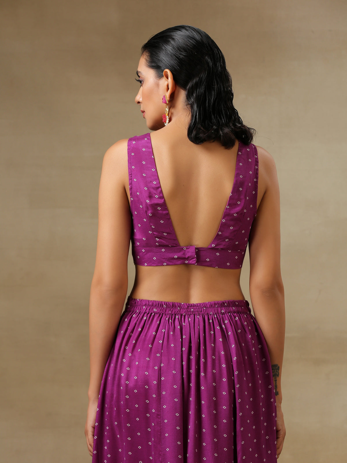trueBrowns Purple Bandhani Printed Silk Top Skirt Jacket Set | Grocsy