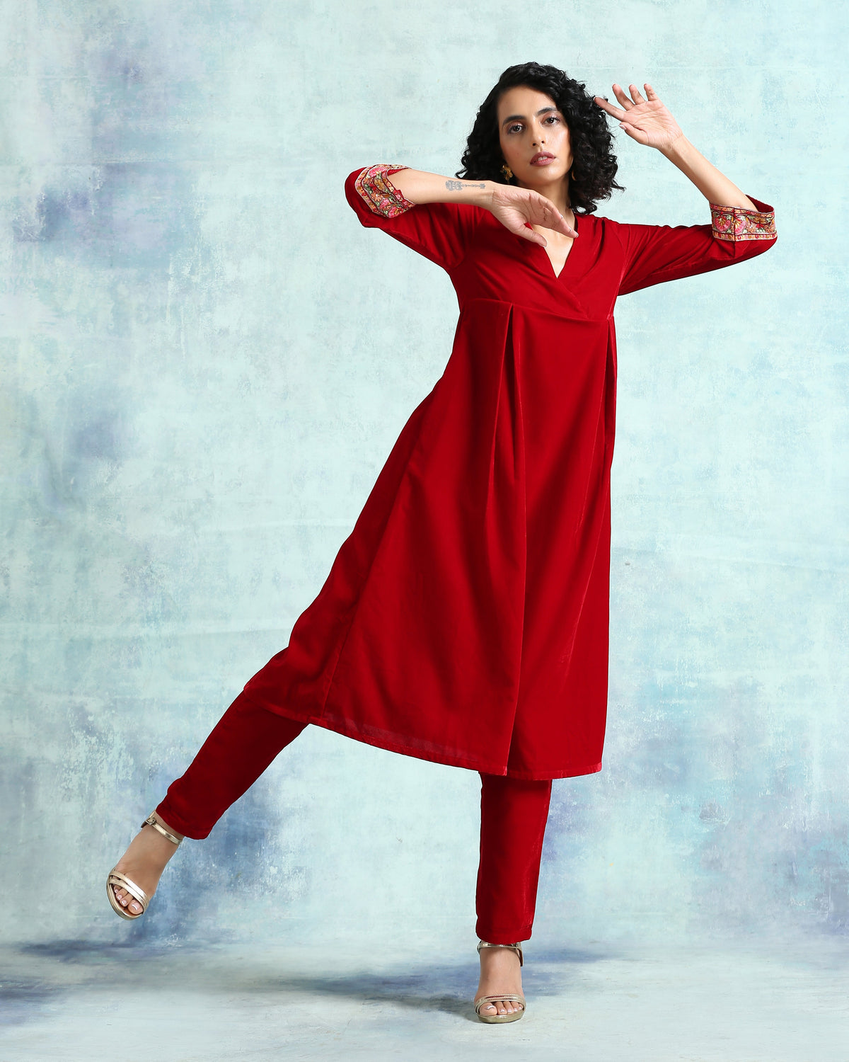 trueBrowns True Red Velvet Yoke Kurta | Grocsy