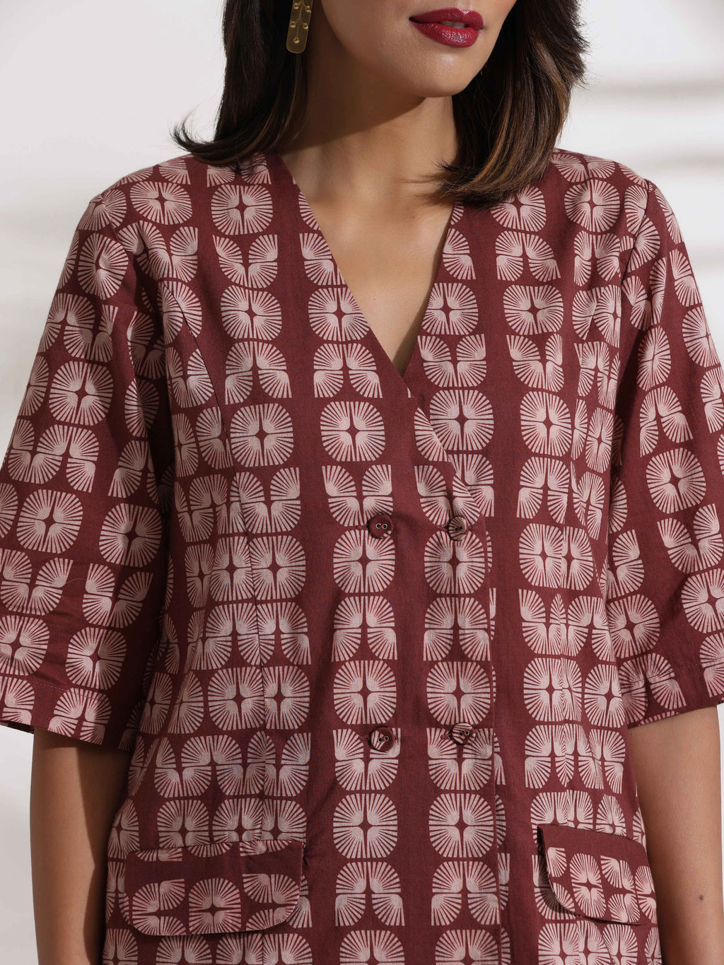 trueBrowns Brown Cotton Print Jacket Top & Short Co-ord Set | Grocsy
