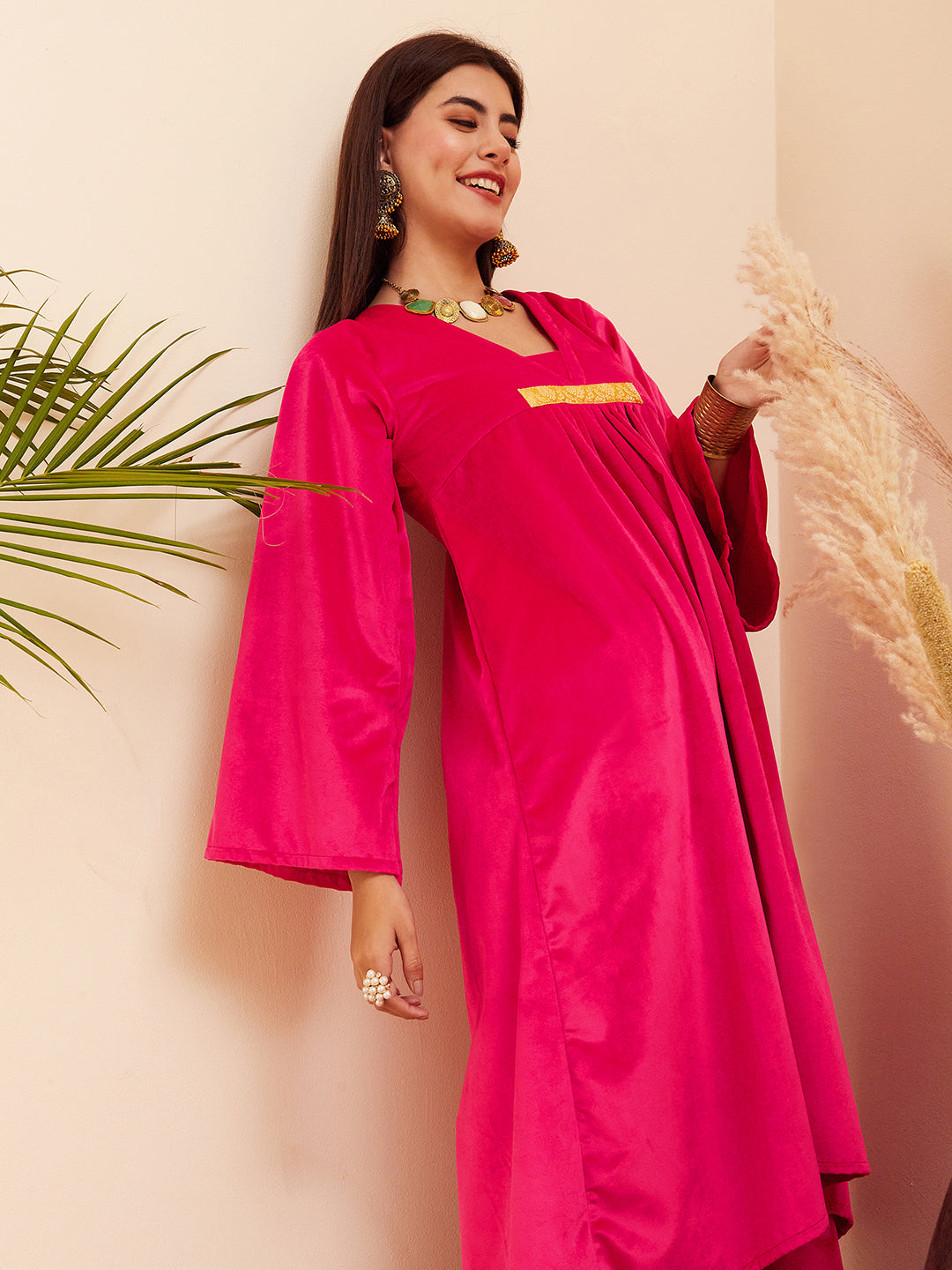 InWeave Women's Magenta V Neck Asymmetrical Pleated Velvet Kurta Set | Grocsy