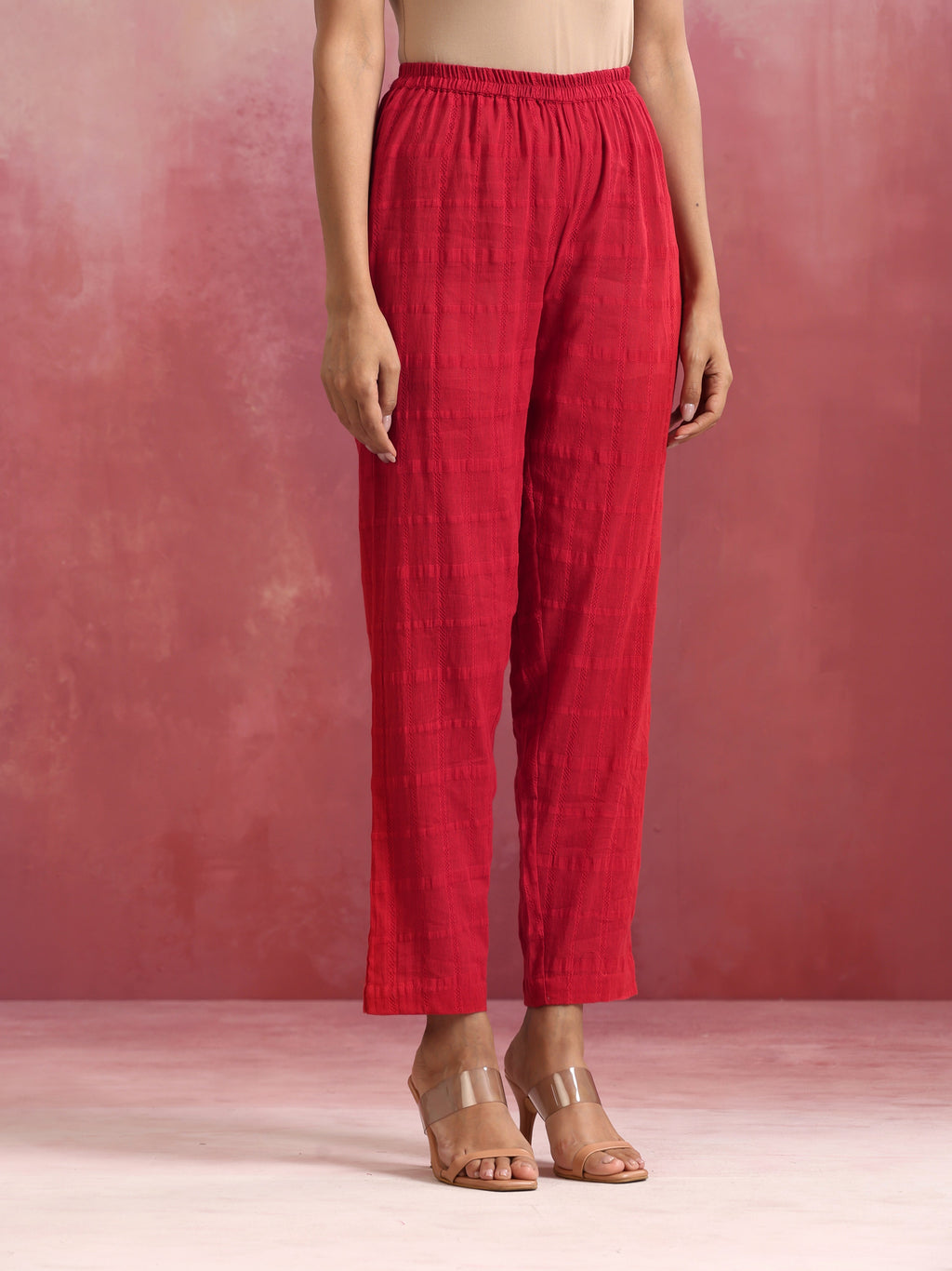 trueBrowns Red Cotton Dobby Flared Kurta Set | Grocsy