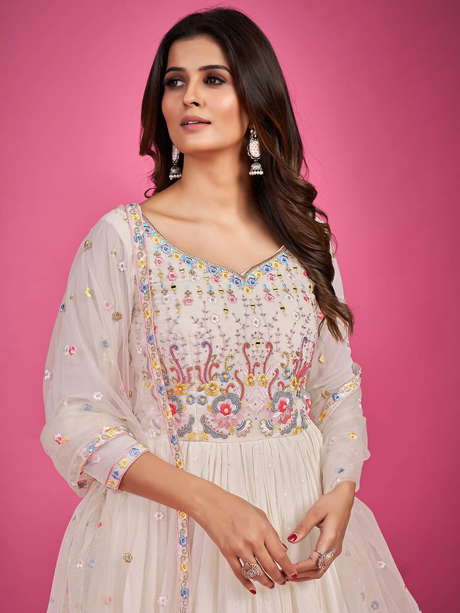 Myra White Pure Georgette Embroidered Gown | Grocsy