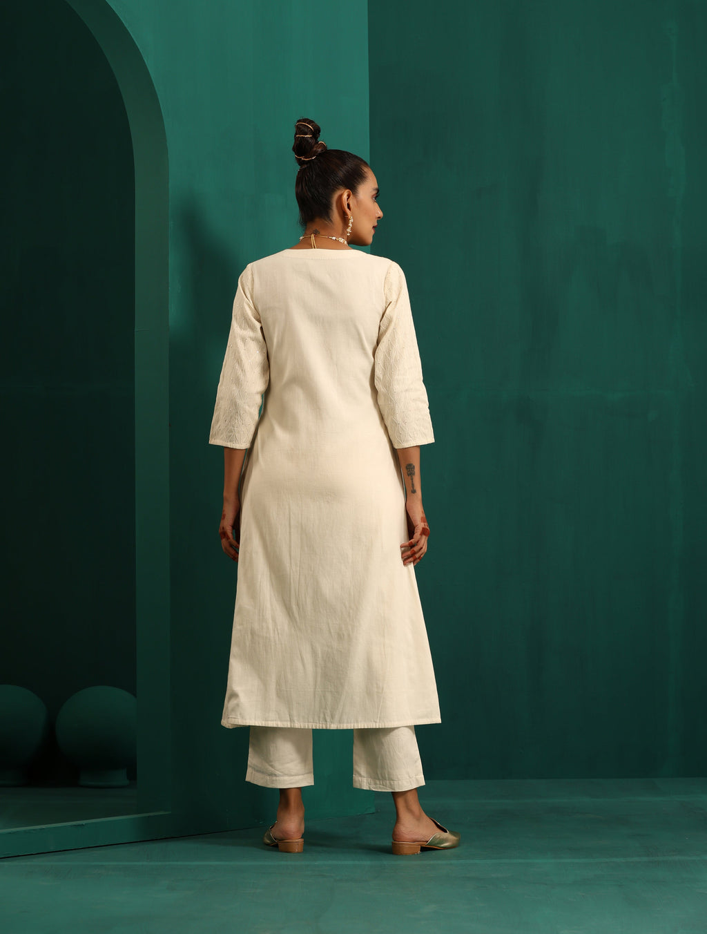 trueBrowns Ivory Tonal Cotton Angrakha Kurta Pant Set | Grocsy