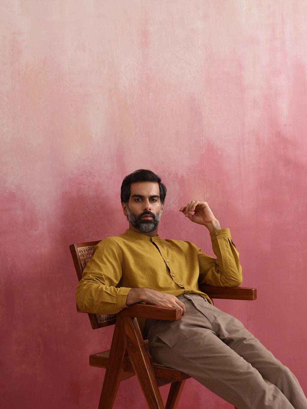 trueBrowns Men's Mustard Cotton Mandarin Collar Stylized Kurta | Grocsy