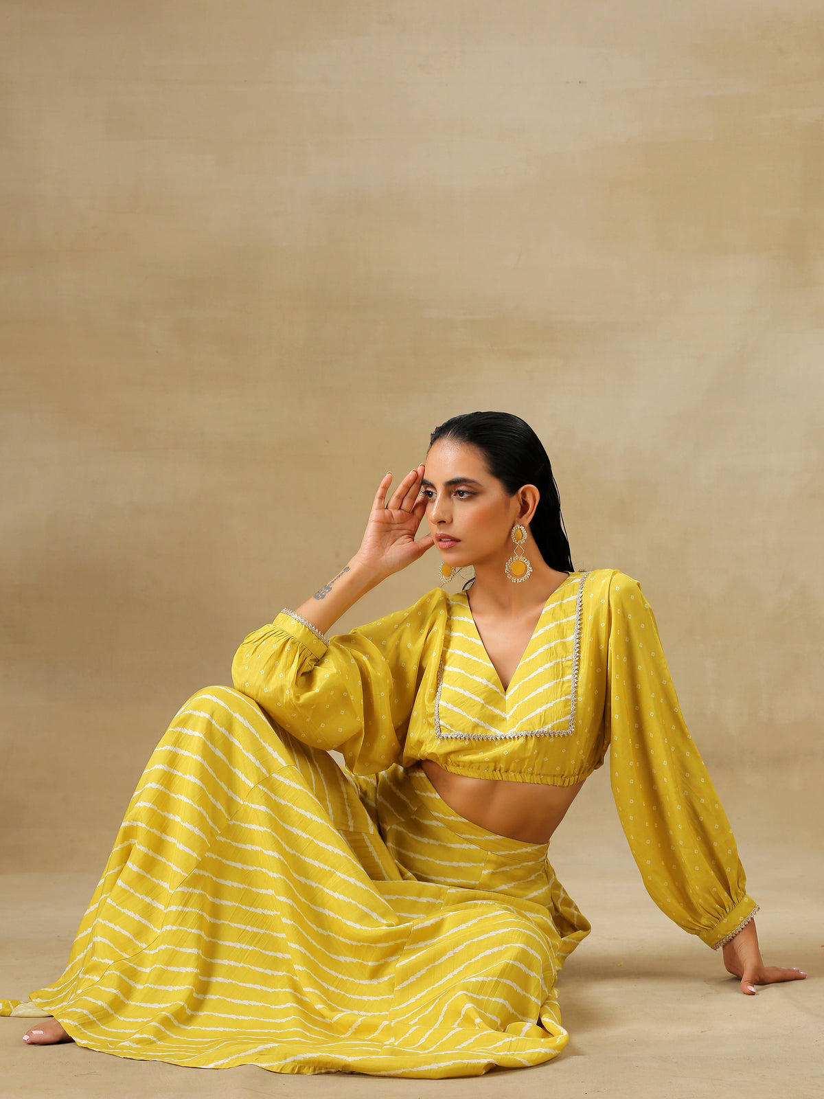 trueBrowns Lime Green Bandhani Printed Silk Top Skirt Set | Grocsy