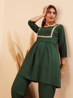 InWeave Women's Forest Green Round Neck Square Gota Work Kurta Pant Set | Grocsy
