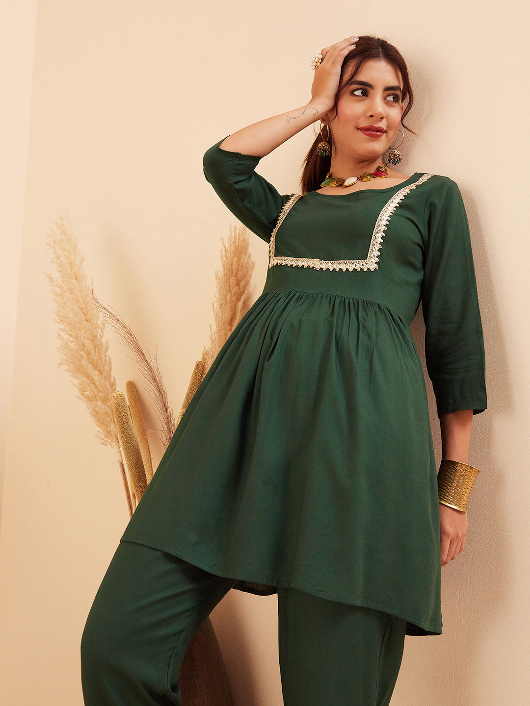 InWeave Women's Forest Green Round Neck Square Gota Work Kurta Pant Set | Grocsy