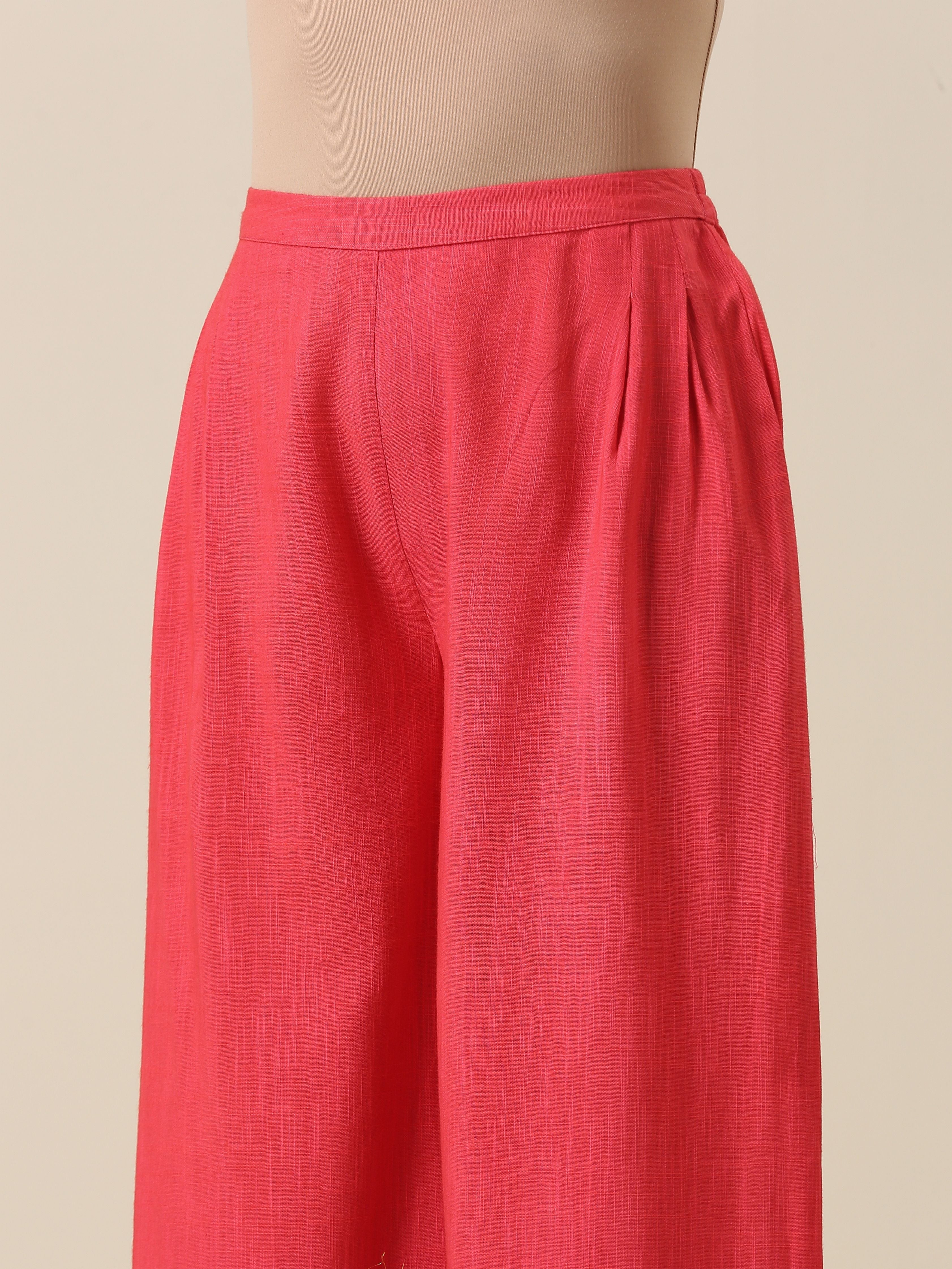 trueBrowns Bright Pink Slub Texture Sleevesless Jacket Pant Set | Grocsy