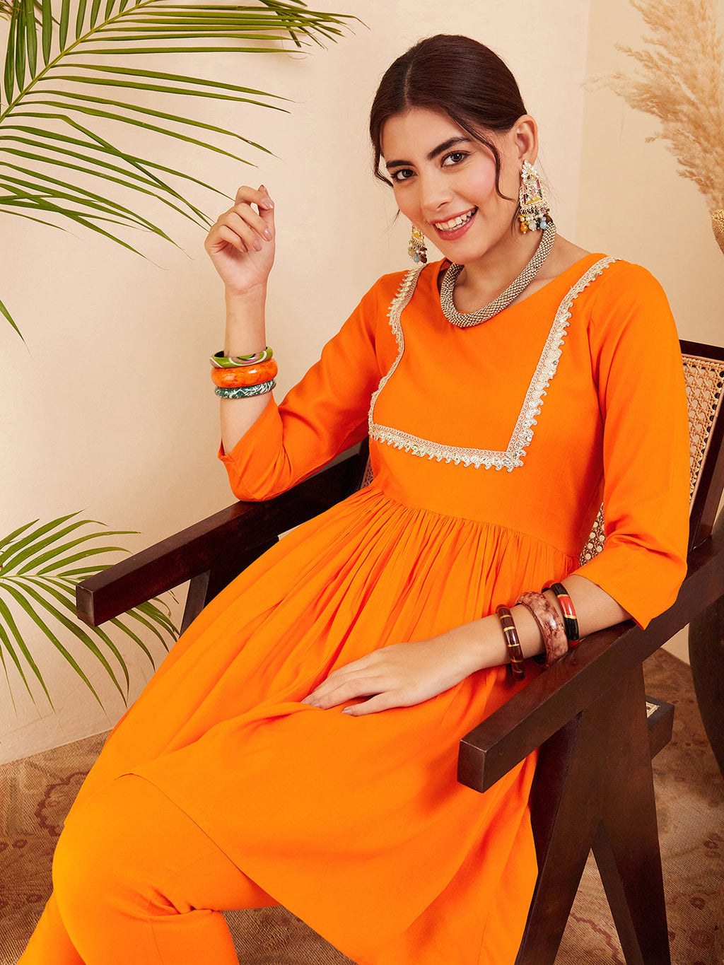 InWeave Women's Orange Round Neck Square Gota Work Kurta Pant Set | Grocsy