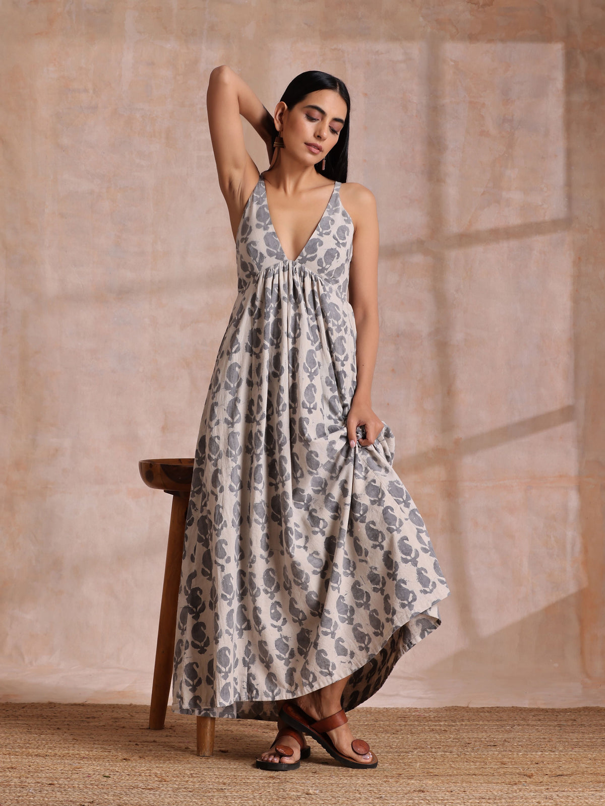 trueBrowns Grey Dabu Buta Print Cotton Sleeveless Dress | Grocsy