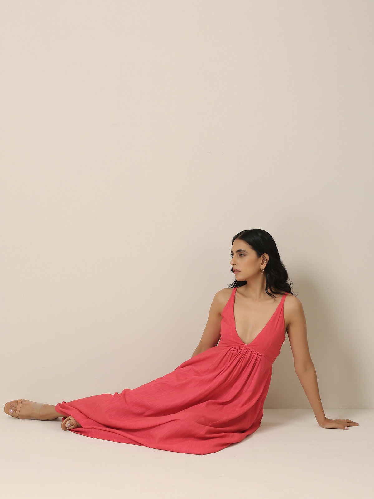 trueBrowns Bright Pink Slub Texture Sleeveless Dress | Grocsy
