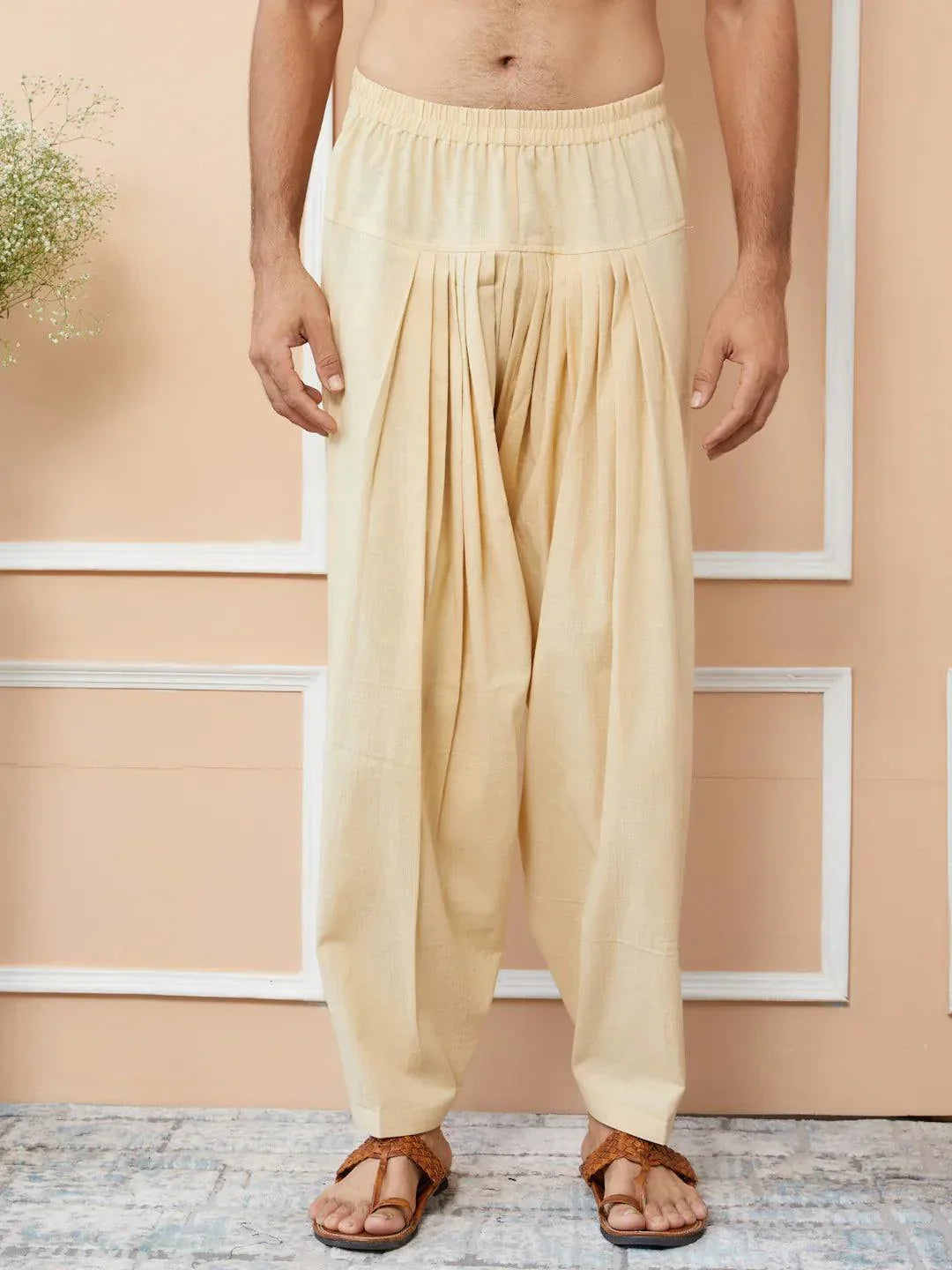 Fabmade Beige Cotton Linen Pathani Kurta With Salwar | Grocsy