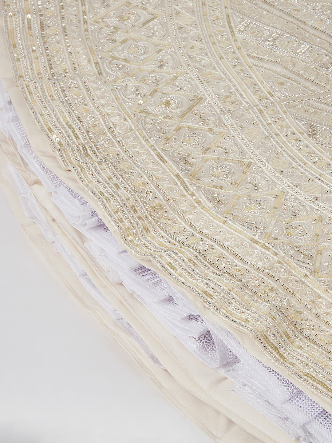 House of Panchhi Cream Net Cutdana, Sequins And Zarkan Embroidery Lehenga Choli & Dupatta | Grocsy
