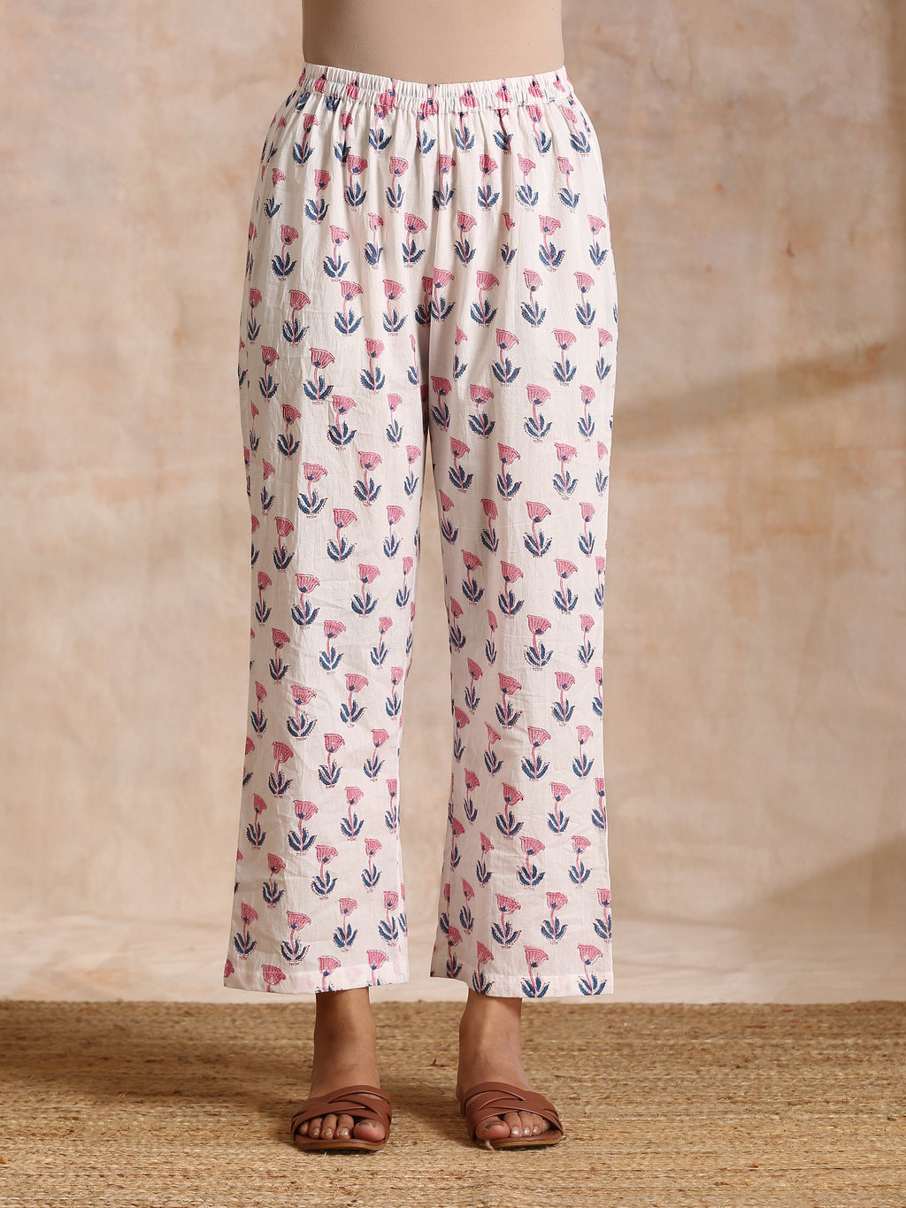 trueBrowns White With Pink Blue Buta Block Print Cotton Kurta Pant Set | Grocsy
