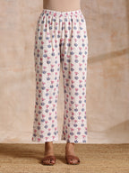 trueBrowns White With Pink Blue Buta Block Print Cotton Kurta Pant Set | Grocsy