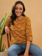 InWeave Women's Haldi Yellow Mughal Kalamkari Top | Grocsy