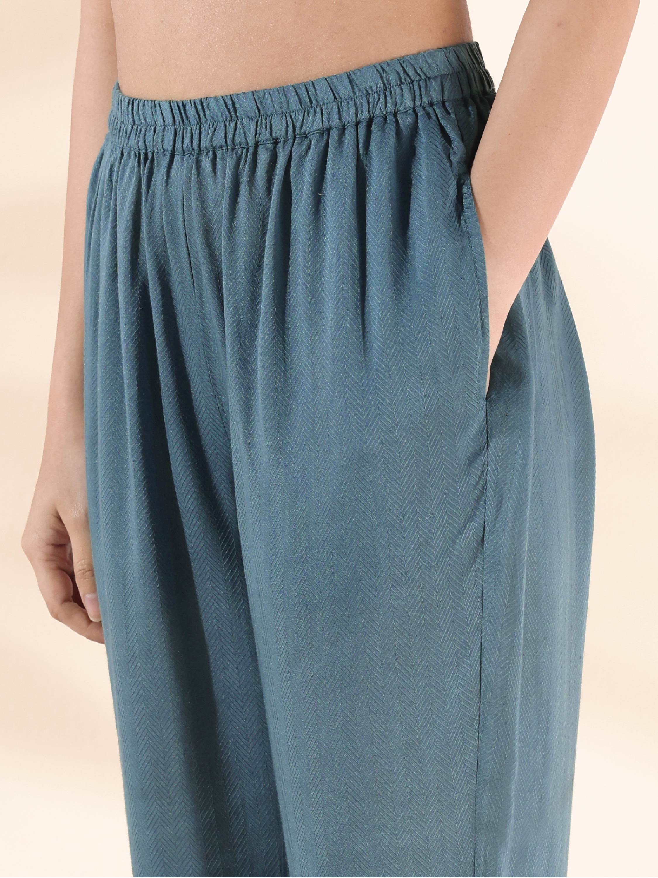 trueBrowns Turquoise Viscose Dobby Flared Kurta Pant Set | Grocsy