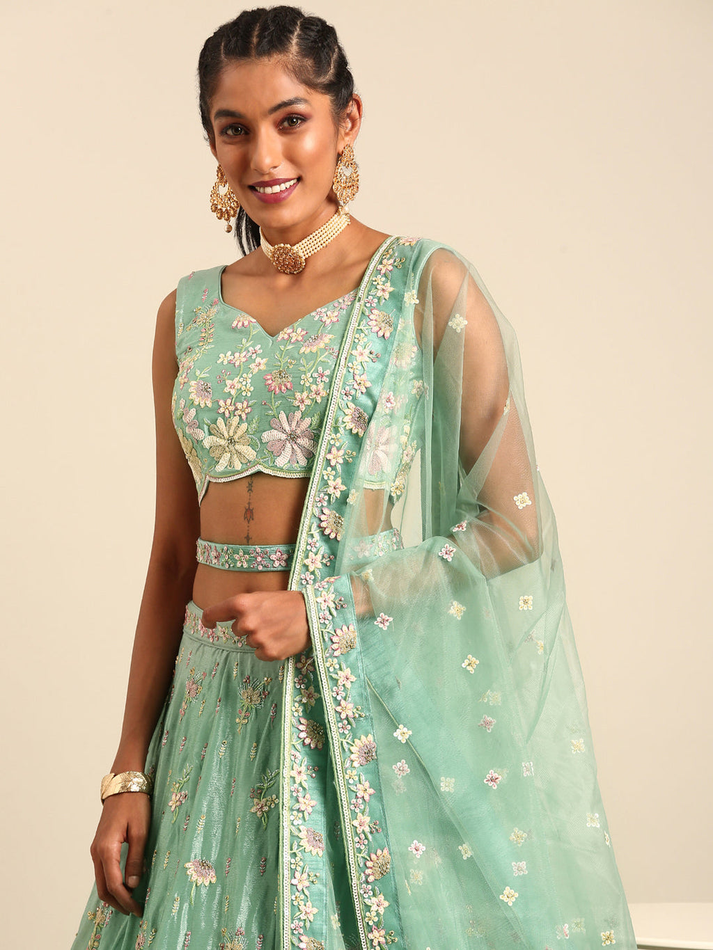 House of Panchhi Sea Green Georgette heavy Sequinse embroidery Lehenga choli & Dupatta | Grocsy
