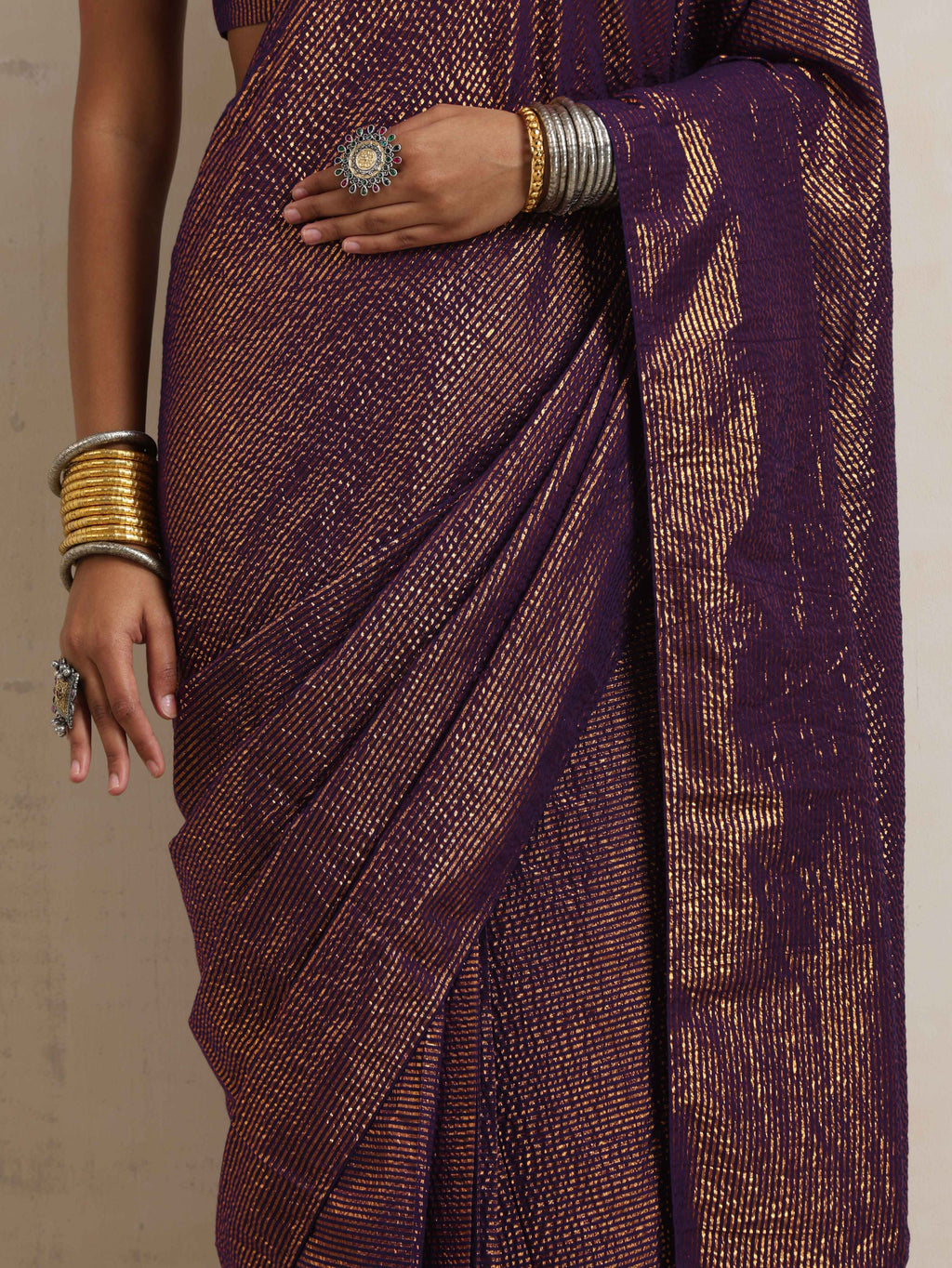 trueBrowns Purple Gold Lurex Ready To Wear Saree | Grocsy