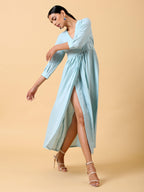 trueBrowns Cotton Linen Light Blue Wrap Dress | Grocsy
