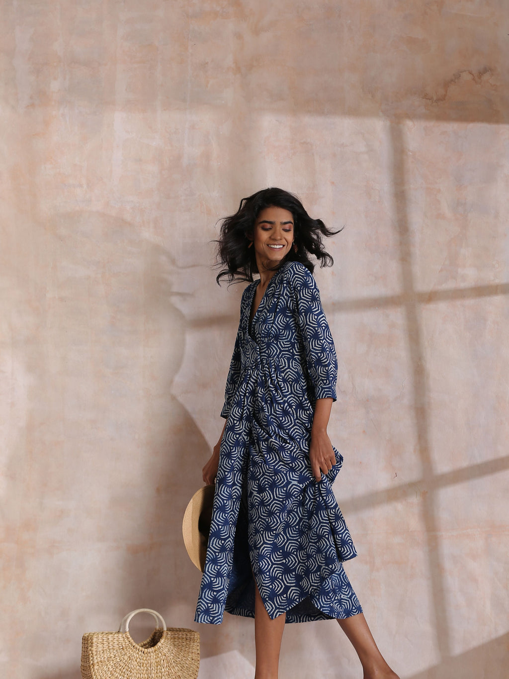 trueBrowns Indigo Dabu Overall Print Cotton Wrap Dress | Grocsy