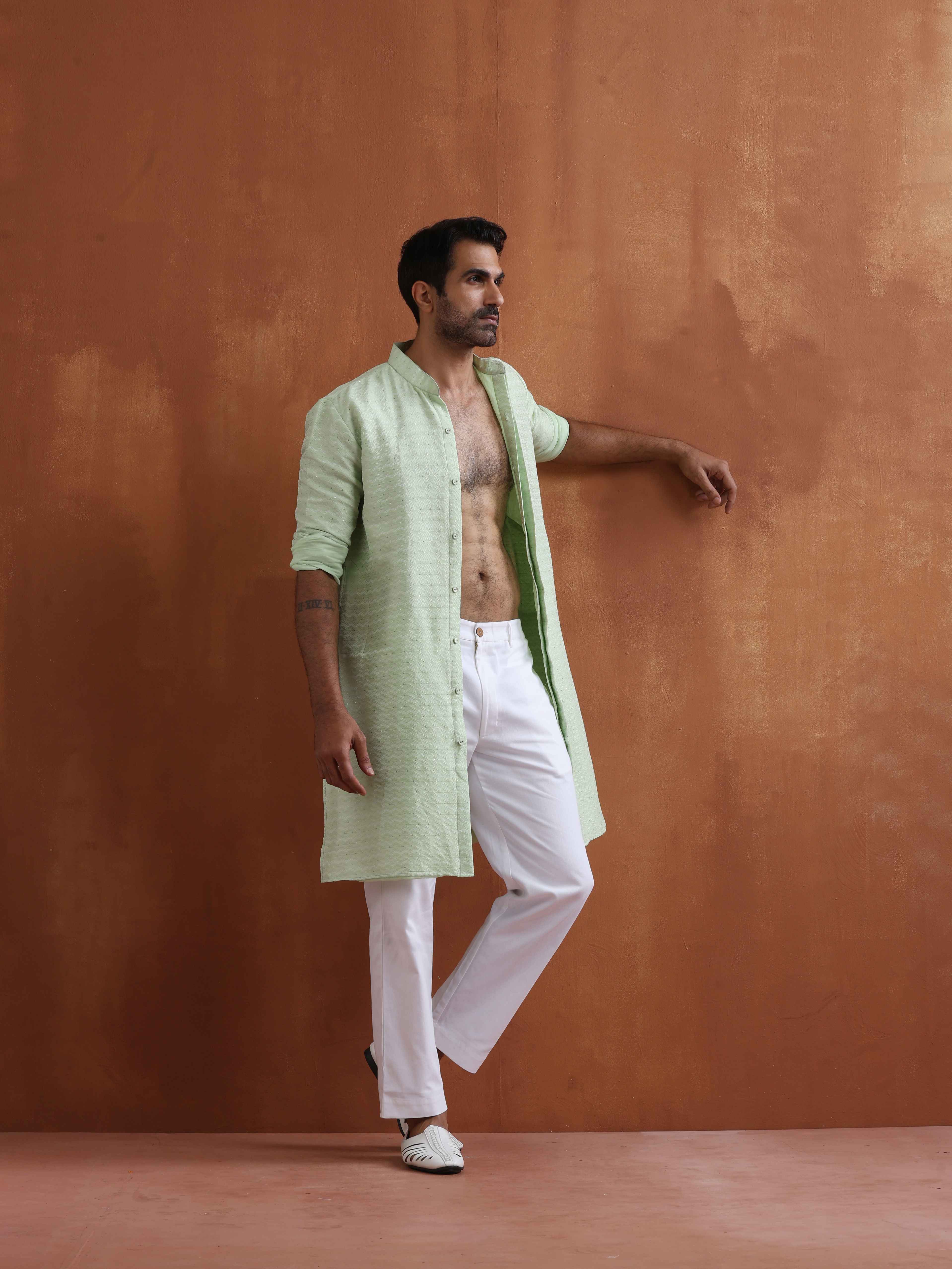 trueBrowns Men's Green Sequin Chanderi Kurta | Grocsy