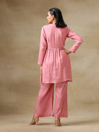 trueBrowns Light Mauve Bandhani Printed Silk Flared Kurta Pant Dupatta Set | Grocsy