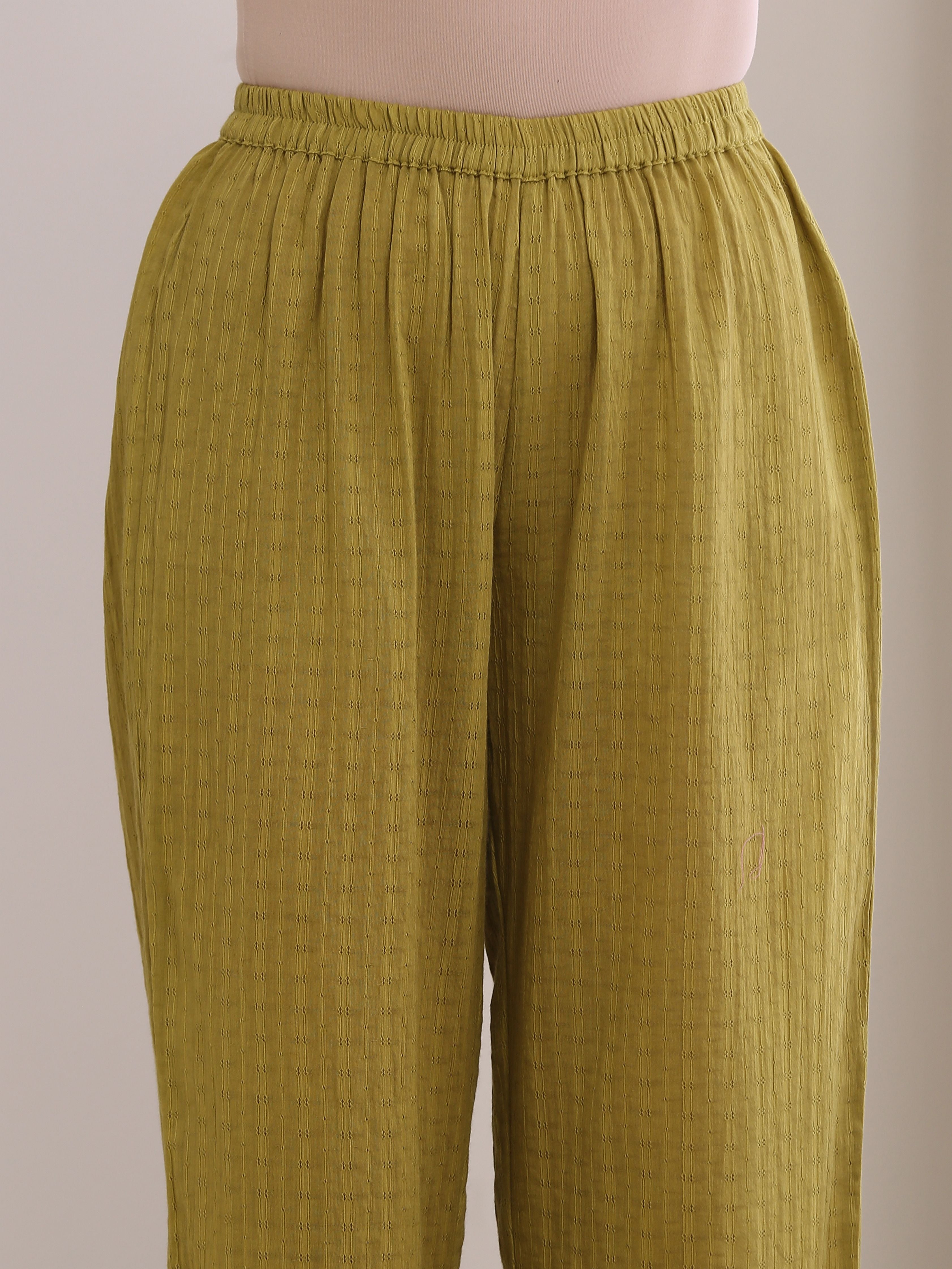 trueBrowns Avacado Green Dobby Flared Slit Kurta Pant Set | Grocsy