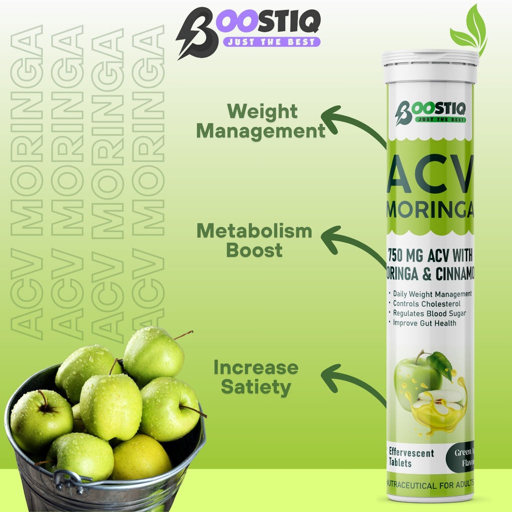 BOOSTIQ Apple Cider Vinegar With Moringa Effervescent Tablets - Green Apple Flavour | Grocsy