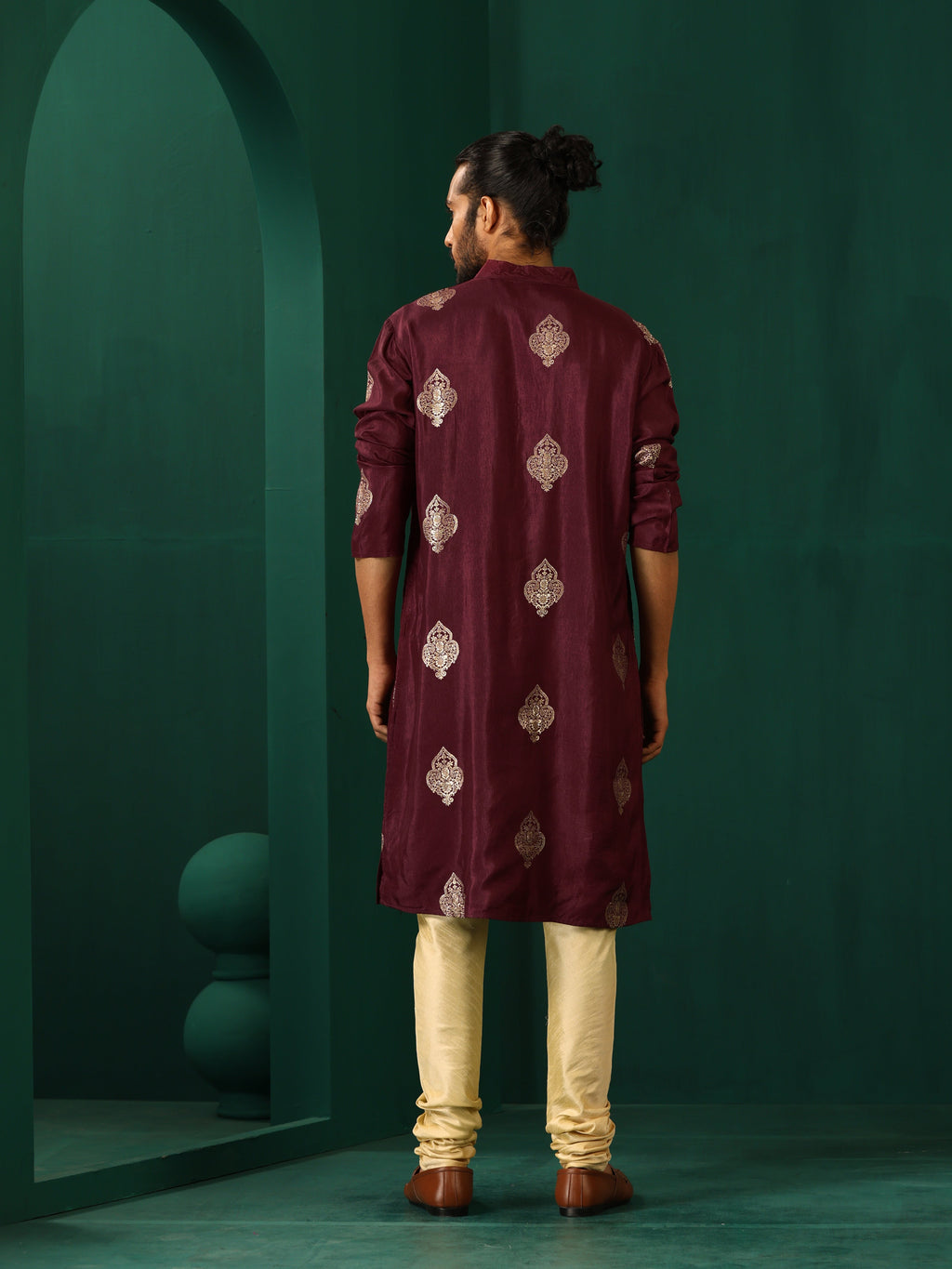 trueBrowns Men's Wine Geometric Viscose Silk Long Kurta | Grocsy