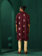trueBrowns Men's Wine Geometric Viscose Silk Long Kurta | Grocsy