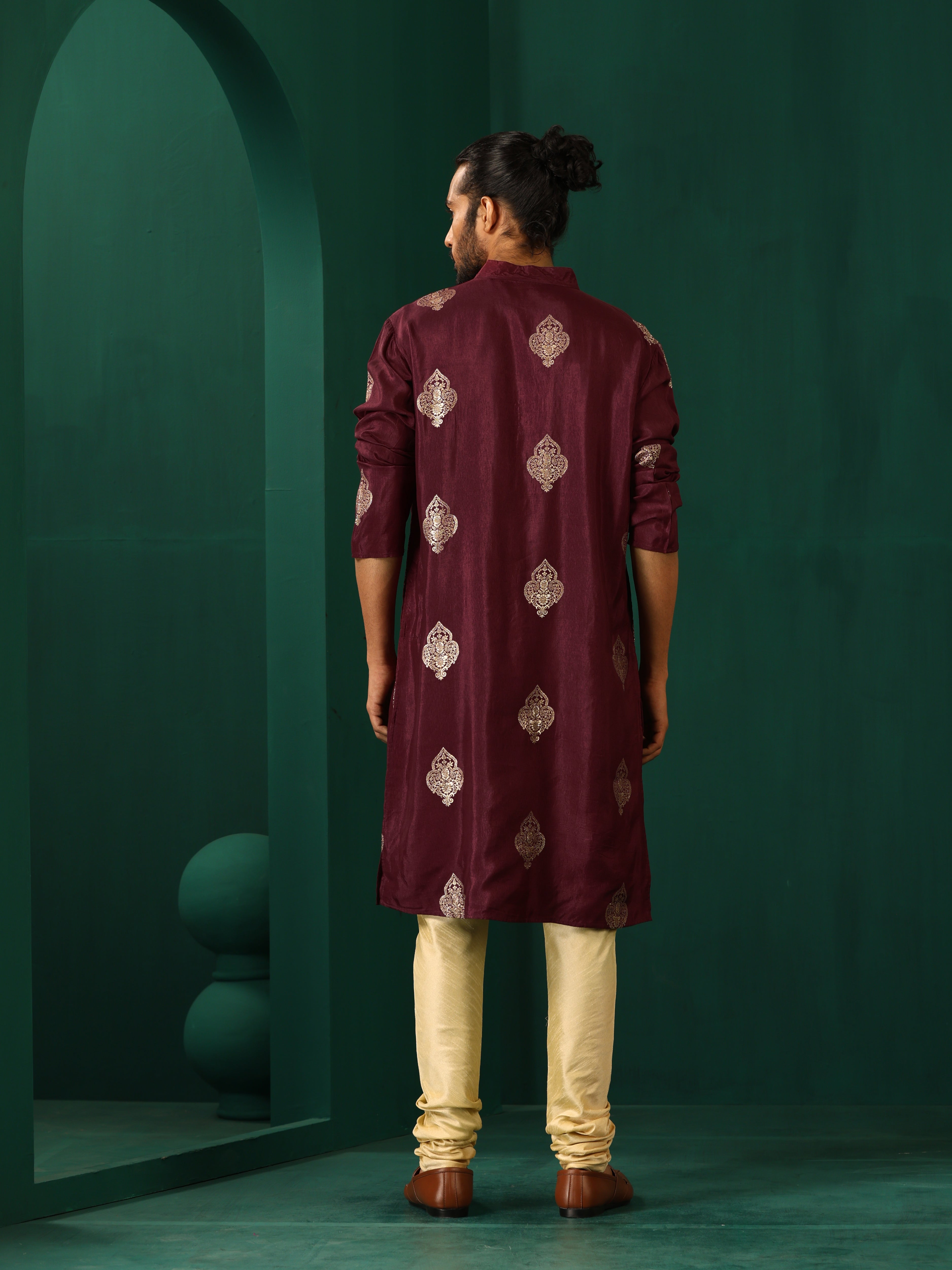 trueBrowns Men's Wine Geometric Viscose Silk Long Kurta | Grocsy