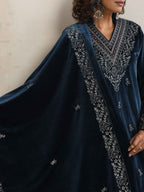 trueBrowns Blue Velvet Embroidered Kurta Pant Dupatta Set | Grocsy