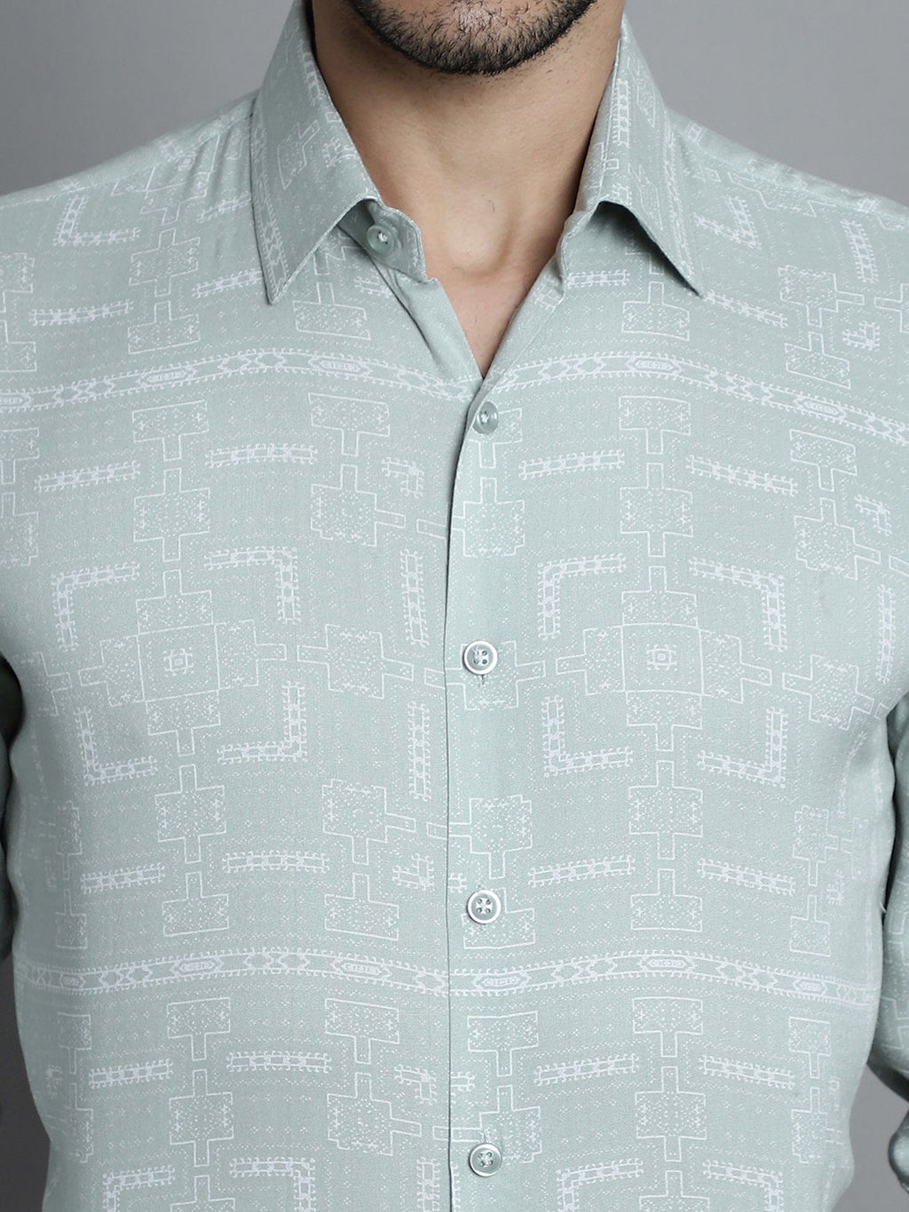 Jainish Men's Geomatric Printed Formal Shirts - Pista | Grocsy