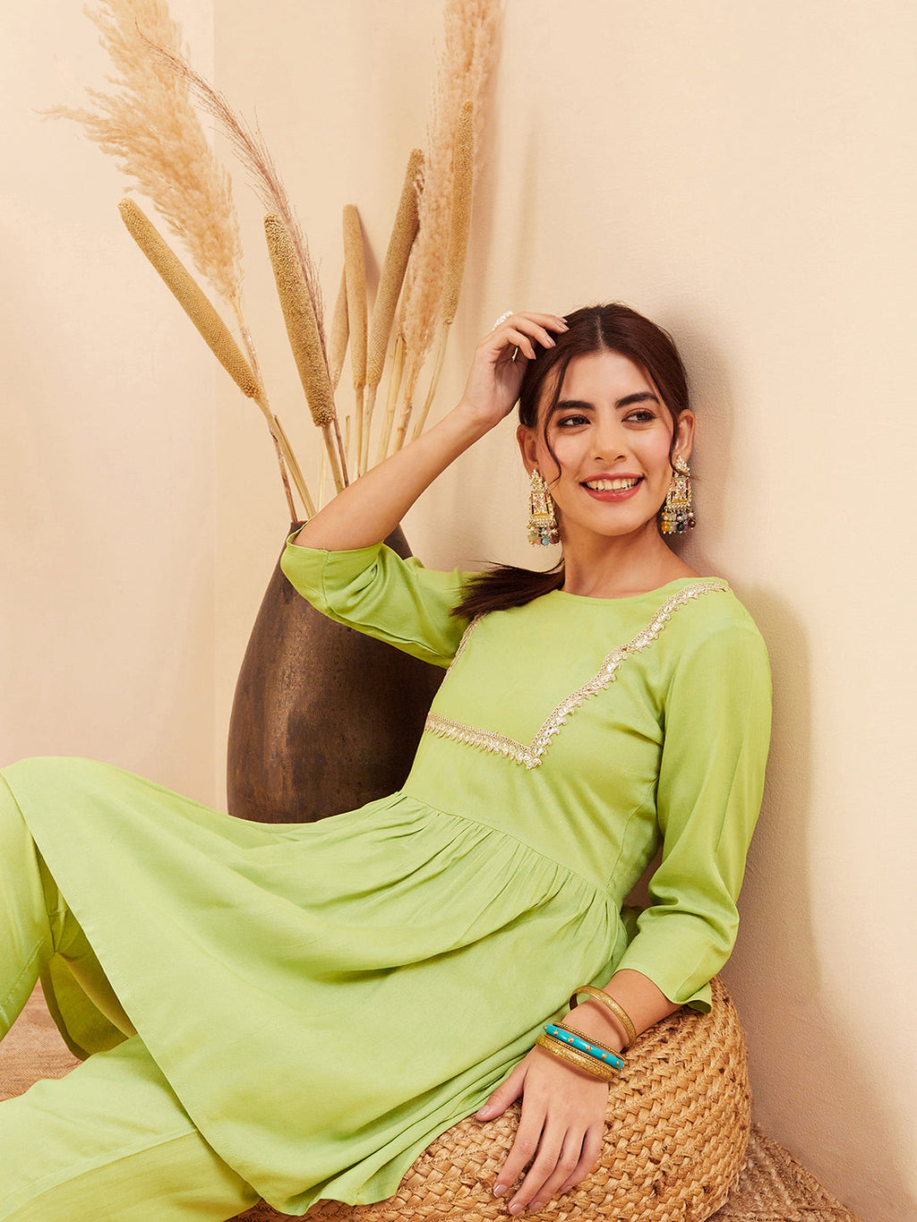 InWeave Women's Pear Green Round Neck Square Gota Work Kurta Pant Set | Grocsy