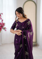 Evanik Designer Heavy Fendy Satin With Beads Embroidered Work Saree With Unstitched Blouse | Grocsy