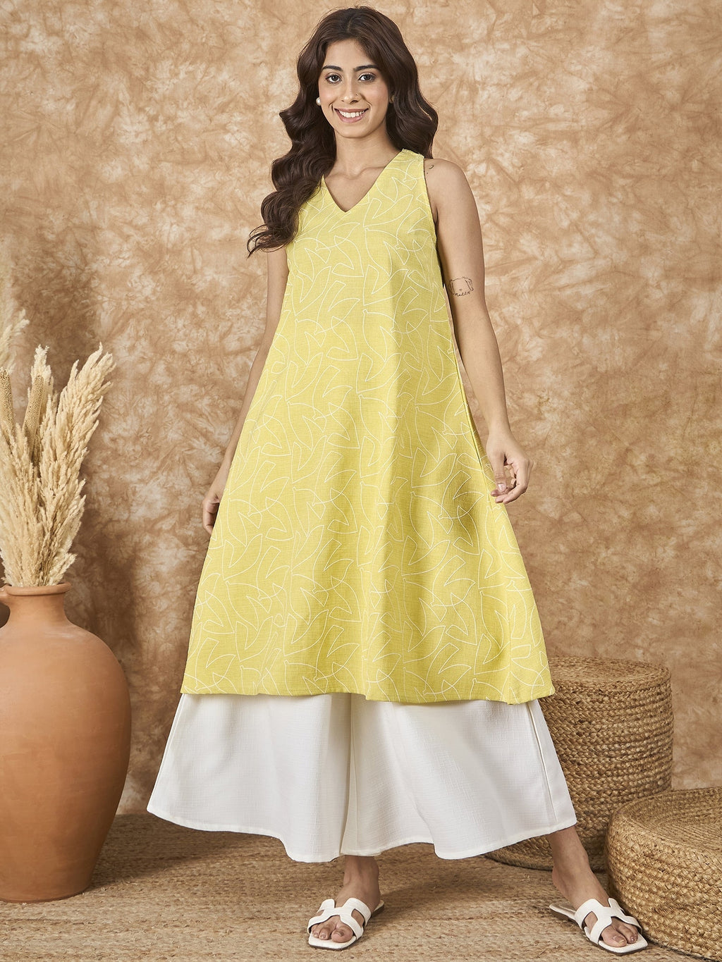 InWeave Light Yellow V Neck Aline Kurta Set | Grocsy