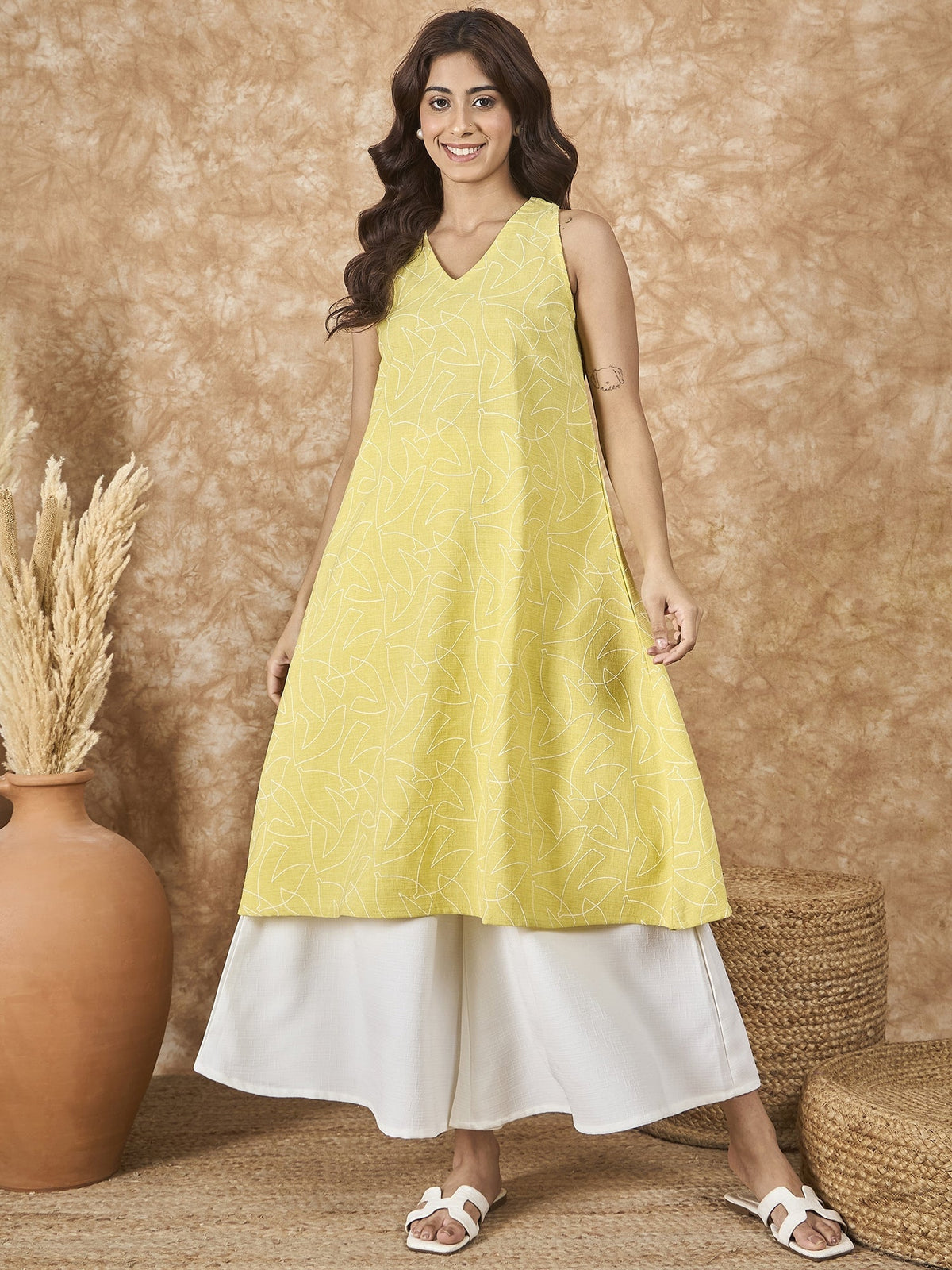 InWeave Light Yellow V Neck Aline Kurta Set | Grocsy