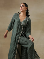 trueBrowns Dark Green Bandhani Printed Silk Angrakha Kurta Pant Set | Grocsy