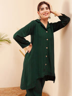 InWeave Women's Forest Green Collared Front Button Blazer Kurta Pant Set | Grocsy