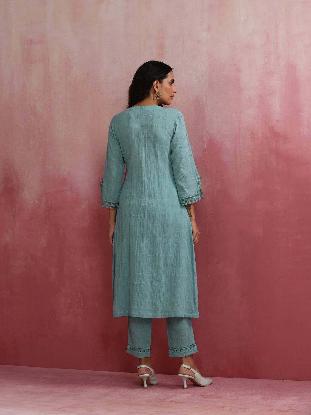 trueBrowns Aqua Blue Cotton Dobby Angrakha Kurta Set | Grocsy
