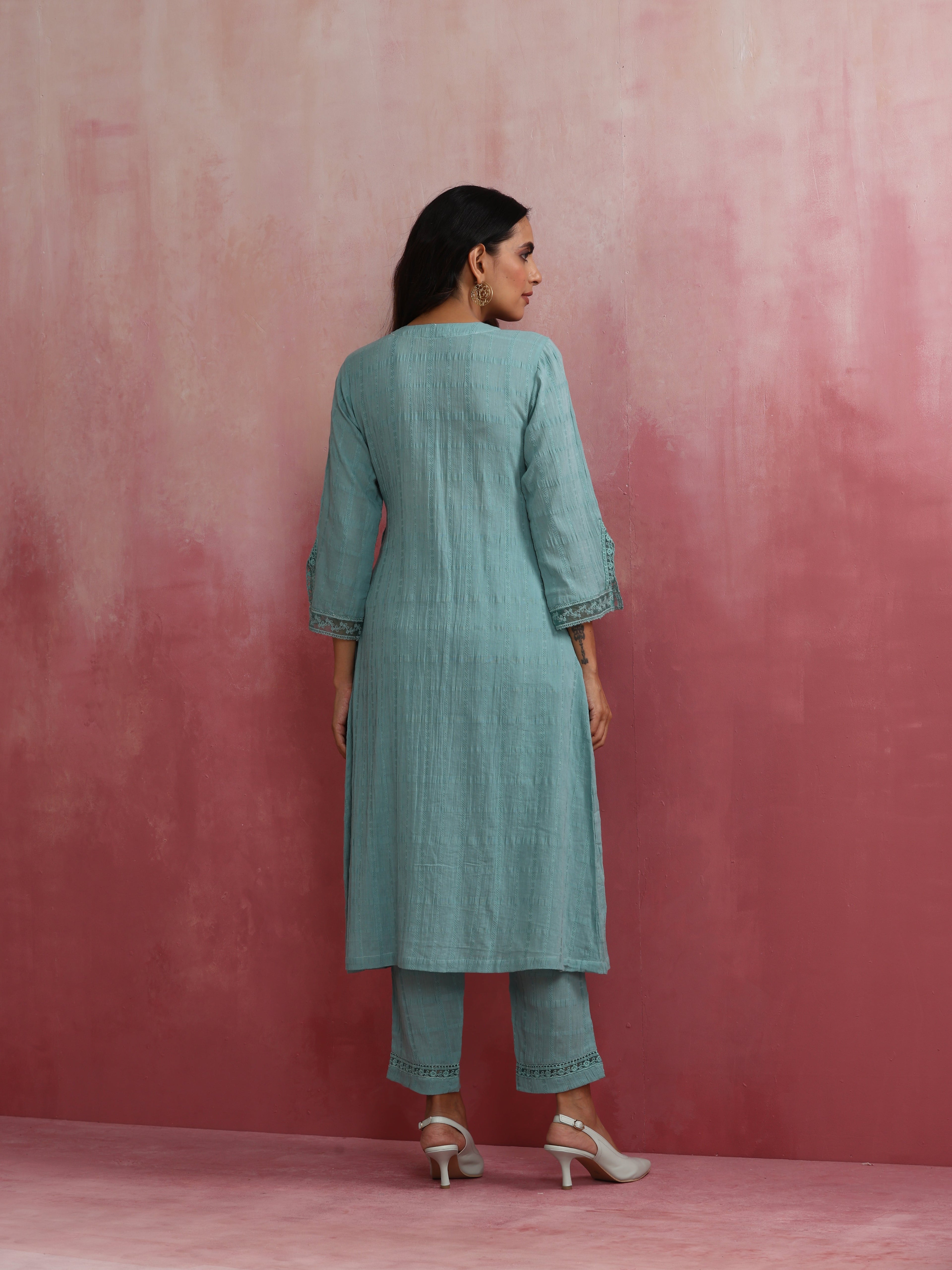 trueBrowns Aqua Blue Cotton Dobby Angrakha Kurta Set | Grocsy