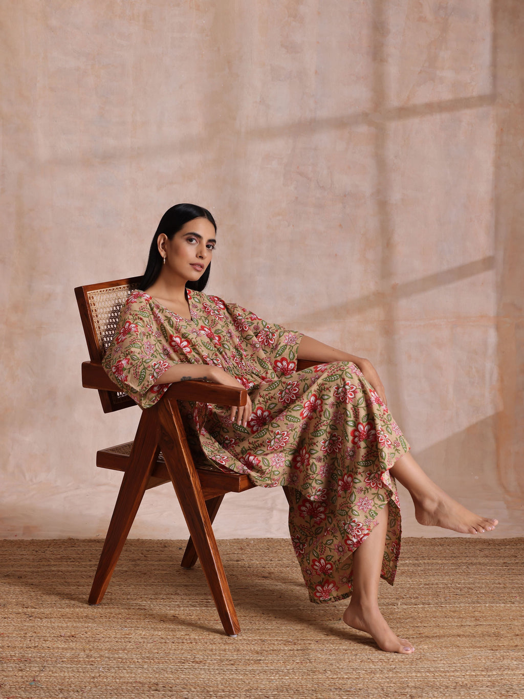trueBrowns Beige Overall Big Floral Block Print Cotton Kaftan Dress | Grocsy