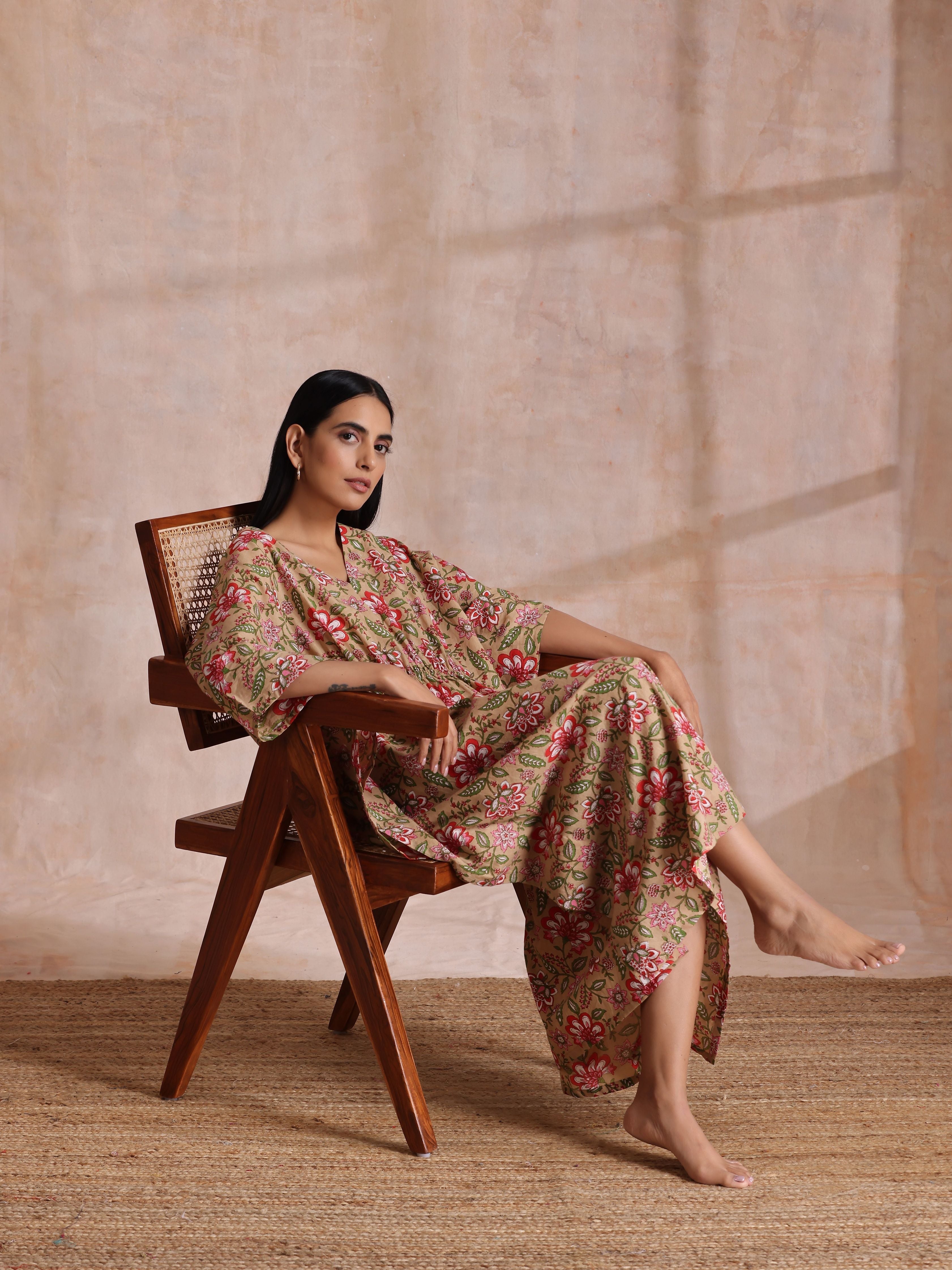 trueBrowns Beige Overall Big Floral Block Print Cotton Kaftan Dress | Grocsy