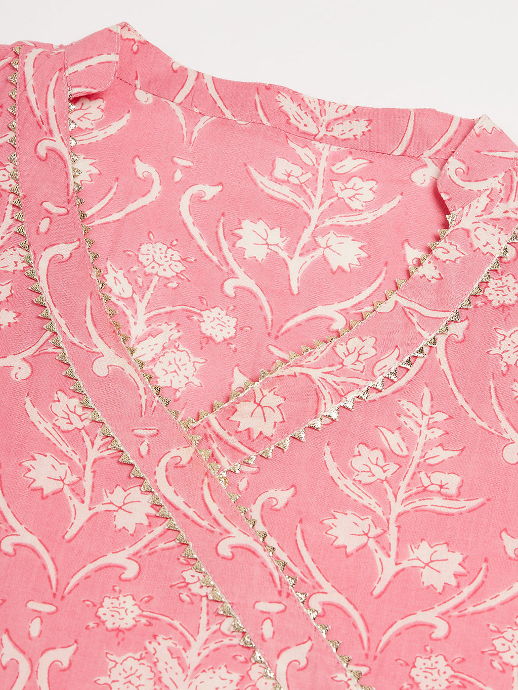 InWeave Women's Light Pink Floral Print Straight Angrakha Gota Kurta | Grocsy